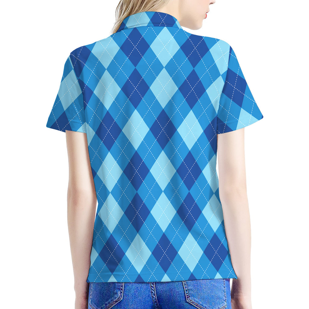 Blue Argyle Pattern Print Women's Polo Shirt