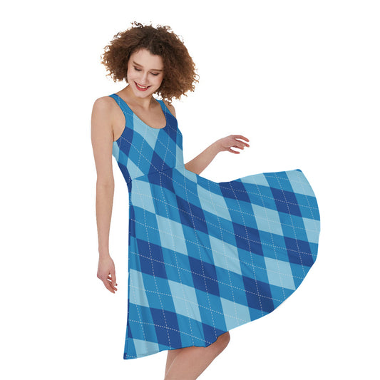 Blue Argyle Pattern Print Women's Sleeveless Dress