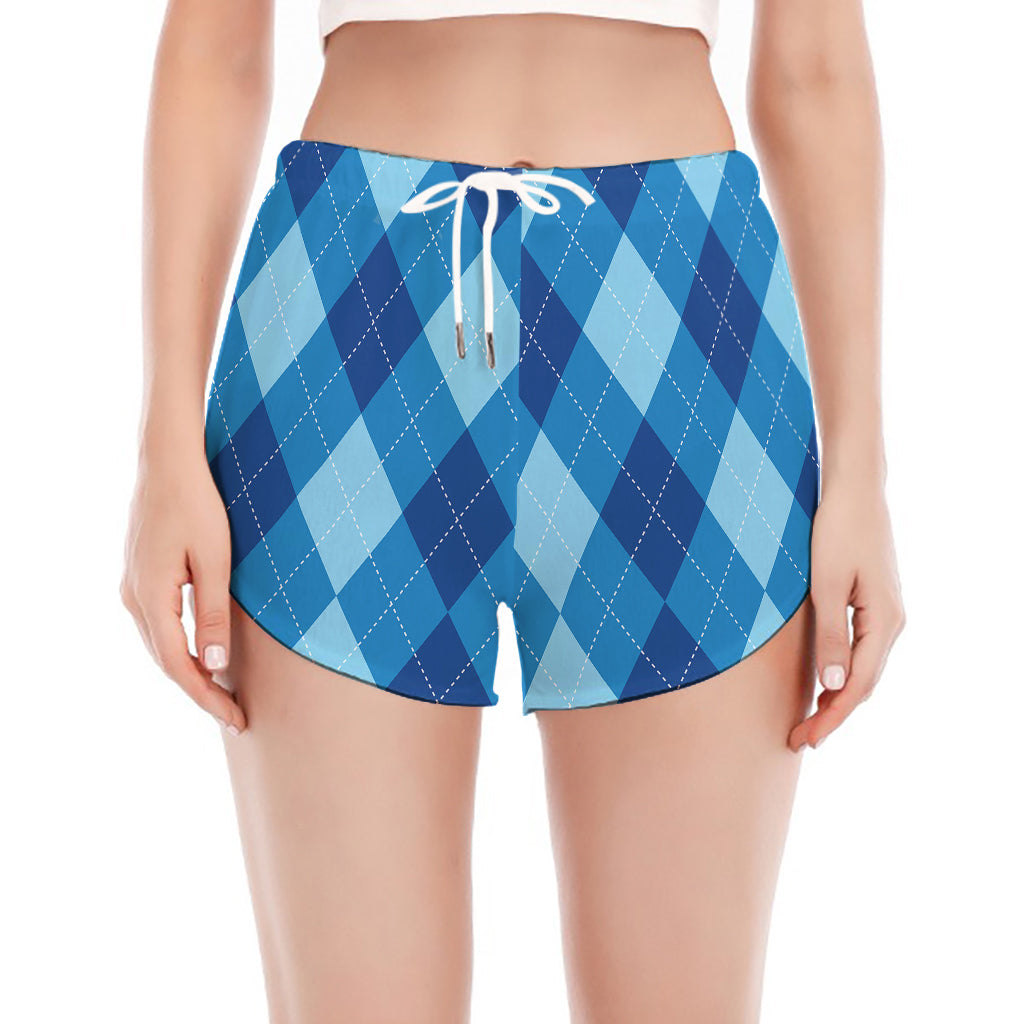 Blue Argyle Pattern Print Women's Split Running Shorts