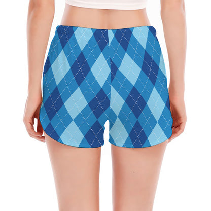 Blue Argyle Pattern Print Women's Split Running Shorts