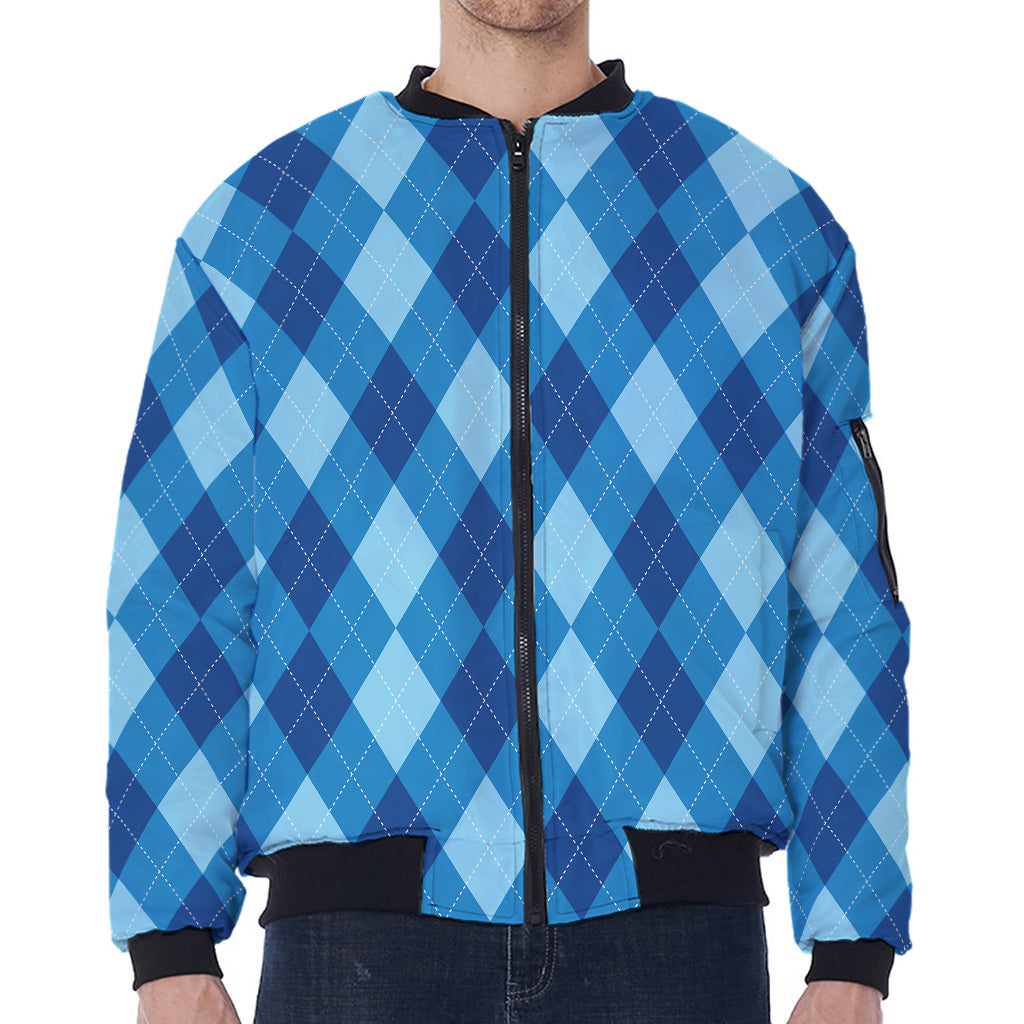 Blue Argyle Pattern Print Zip Sleeve Bomber Jacket