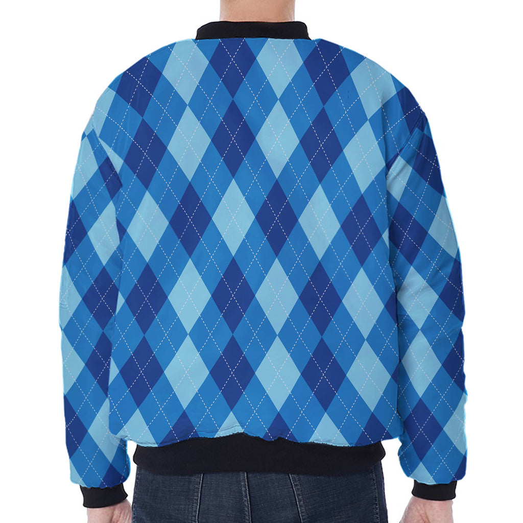Blue Argyle Pattern Print Zip Sleeve Bomber Jacket