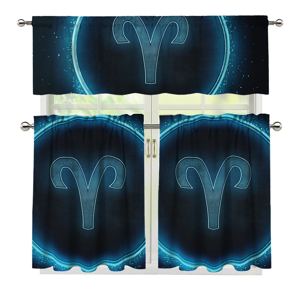 Blue Aries Zodiac Sign Print 3 Piece Kitchen Curtains