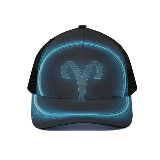 Blue Aries Zodiac Sign Print Black Mesh Trucker Cap