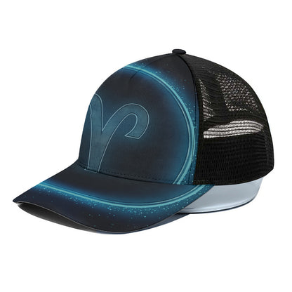Blue Aries Zodiac Sign Print Black Mesh Trucker Cap