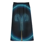 Blue Aries Zodiac Sign Print Cotton Front Slit Maxi Skirt