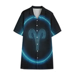 Blue Aries Zodiac Sign Print Cotton Hawaiian Shirt