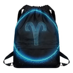 Blue Aries Zodiac Sign Print Drawstring Backpack