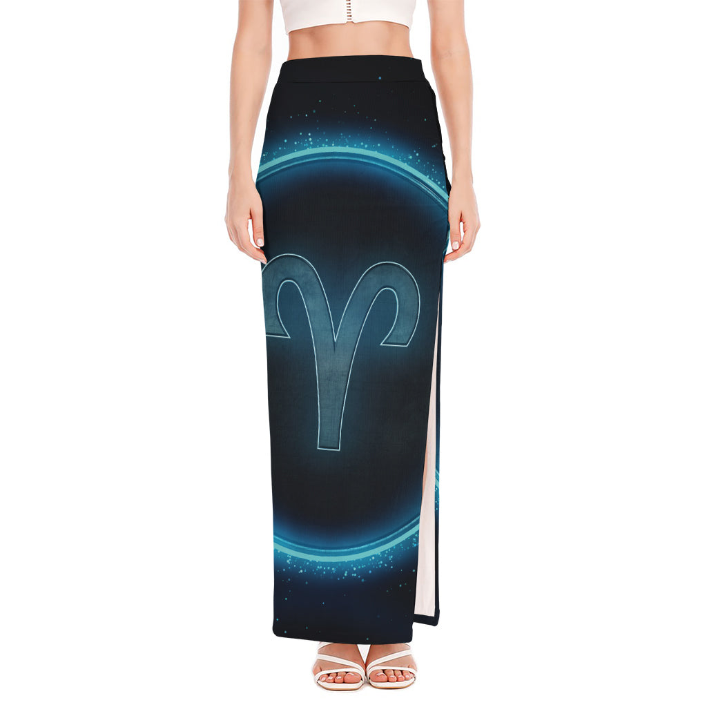 Blue Aries Zodiac Sign Print High Slit Maxi Skirt