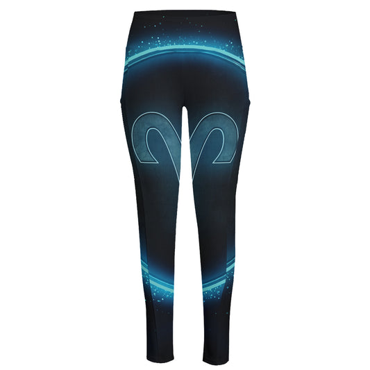Blue Aries Zodiac Sign Print High-Waisted Pocket Leggings
