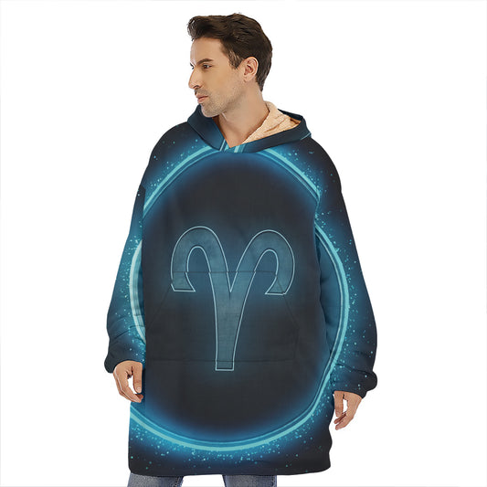 Blue Aries Zodiac Sign Print Hoodie Blanket