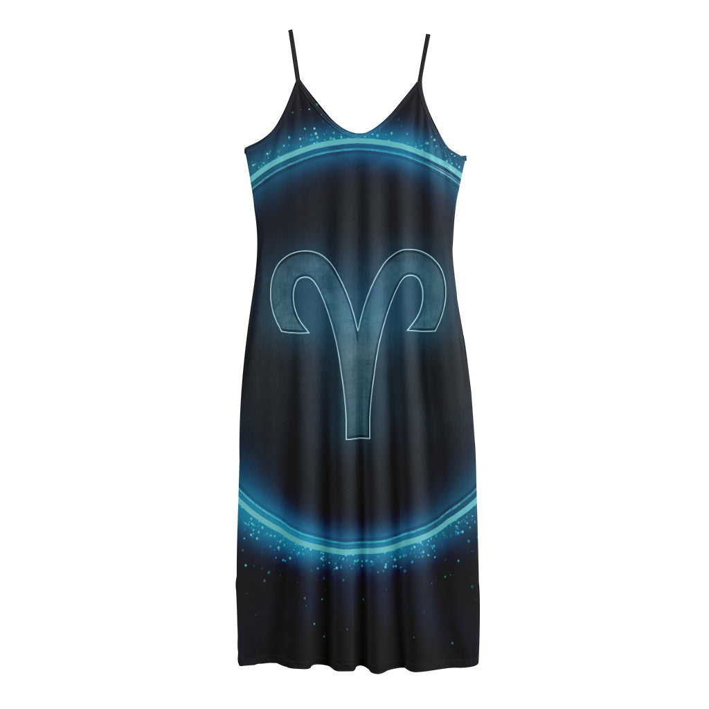 Blue Aries Zodiac Sign Print Jersey Midi Cami Dress