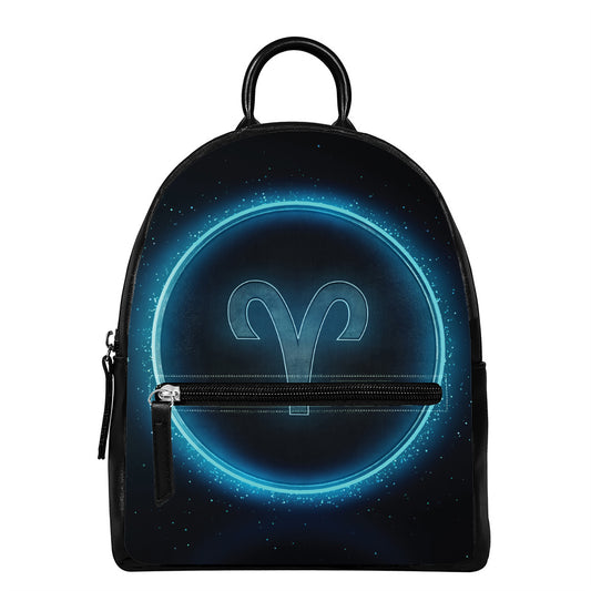 Blue Aries Zodiac Sign Print Leather Backpack