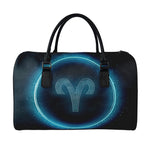 Blue Aries Zodiac Sign Print Leather Duffle Bag