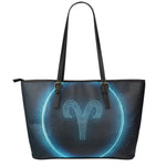 Blue Aries Zodiac Sign Print Leather Tote Bag