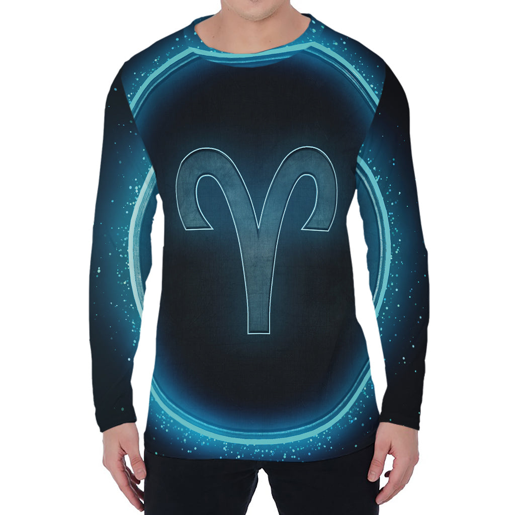 Blue Aries Zodiac Sign Print Men's Long Sleeve T-Shirt