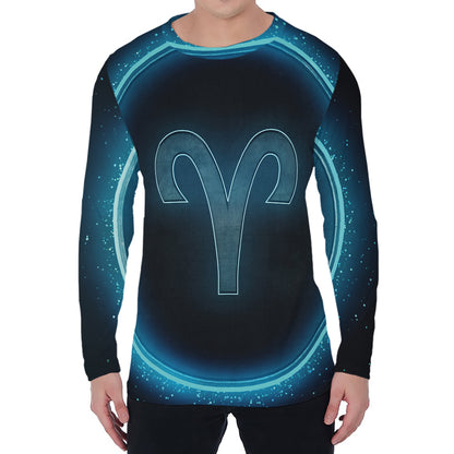 Blue Aries Zodiac Sign Print Men's Long Sleeve T-Shirt