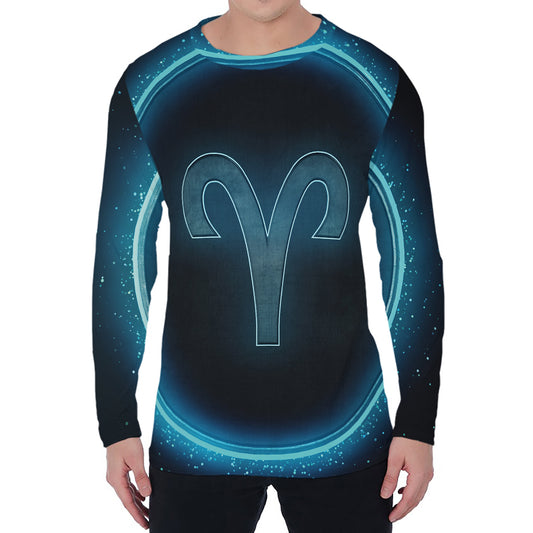 Blue Aries Zodiac Sign Print Men's Long Sleeve T-Shirt