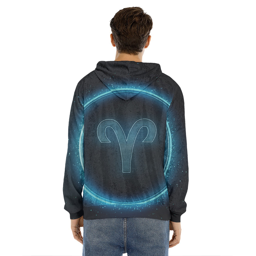 Blue Aries Zodiac Sign Print Men's Velvet Pullover Hoodie
