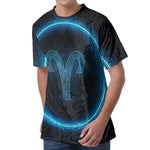 Blue Aries Zodiac Sign Print Men's Velvet T-Shirt