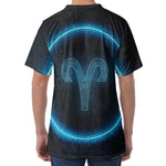 Blue Aries Zodiac Sign Print Men's Velvet T-Shirt