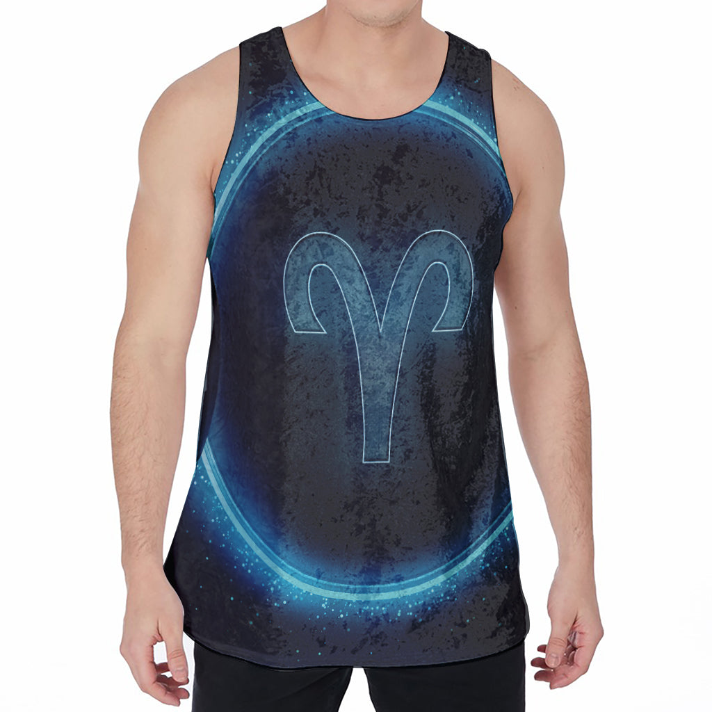 Blue Aries Zodiac Sign Print Men's Velvet Tank Top