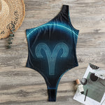 Blue Aries Zodiac Sign Print One Shoulder Bodysuit