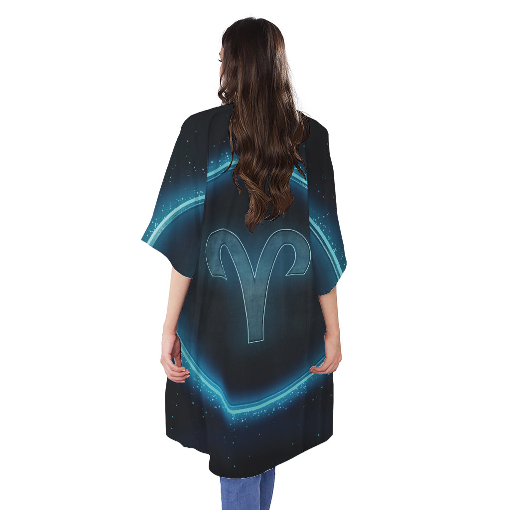 Blue Aries Zodiac Sign Print Open Front Beach Cover Up