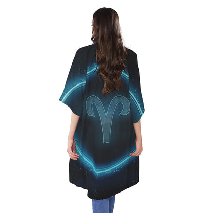 Blue Aries Zodiac Sign Print Open Front Beach Cover Up