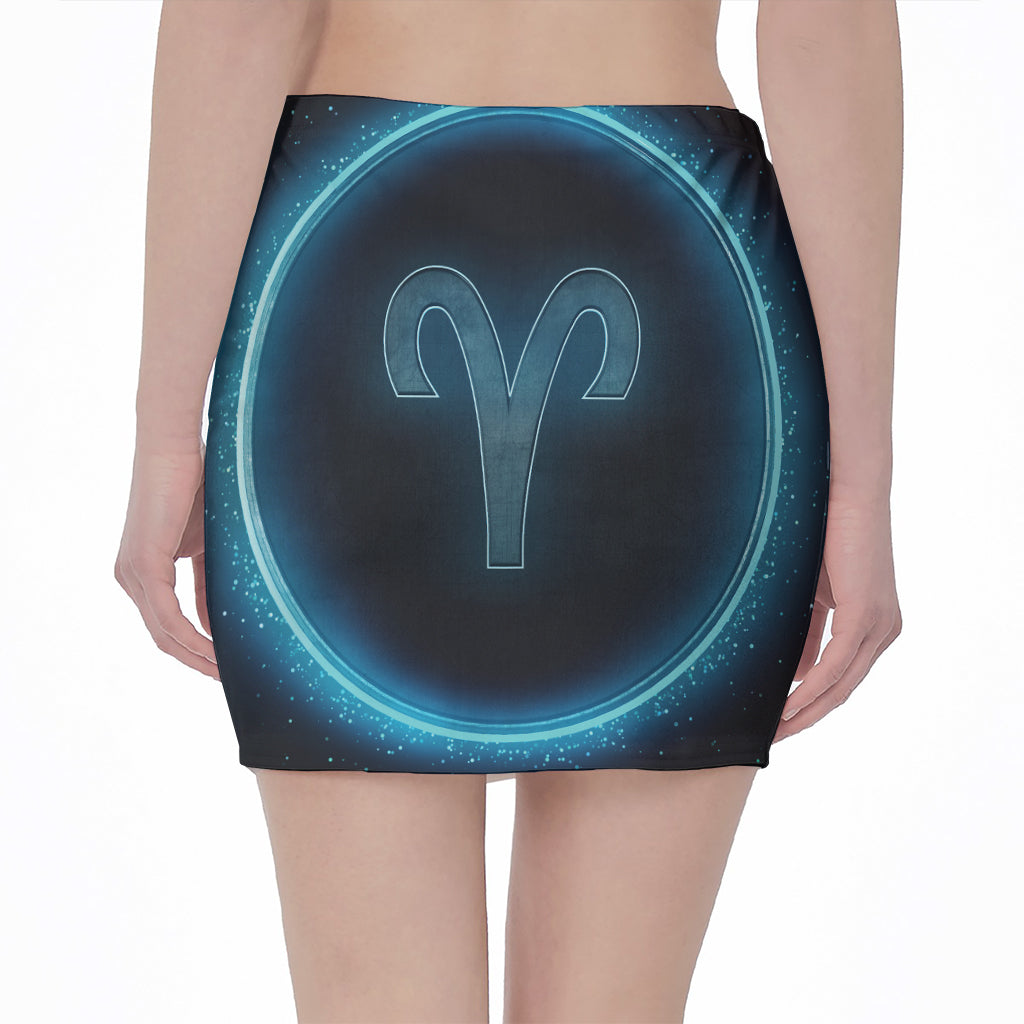 Blue Aries Zodiac Sign Print Pencil Mini Skirt