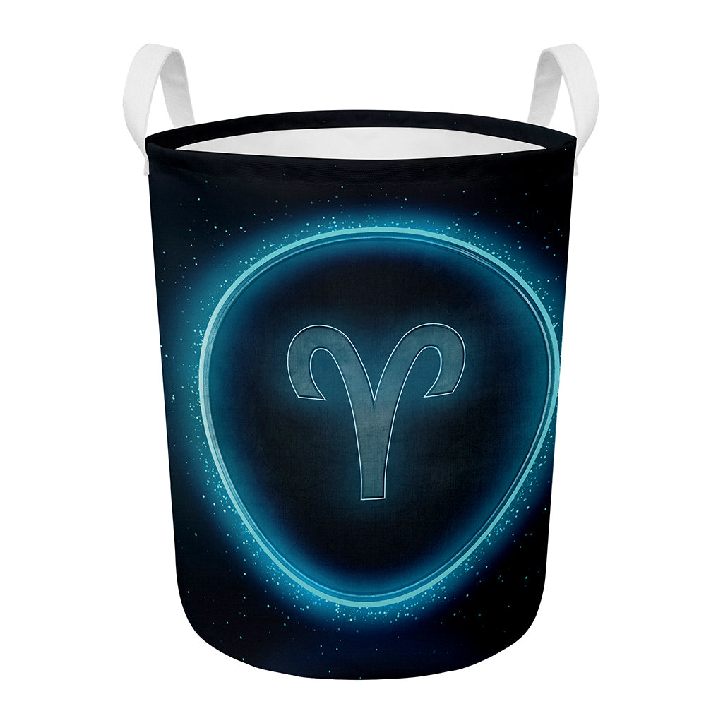Blue Aries Zodiac Sign Print Round Laundry Basket