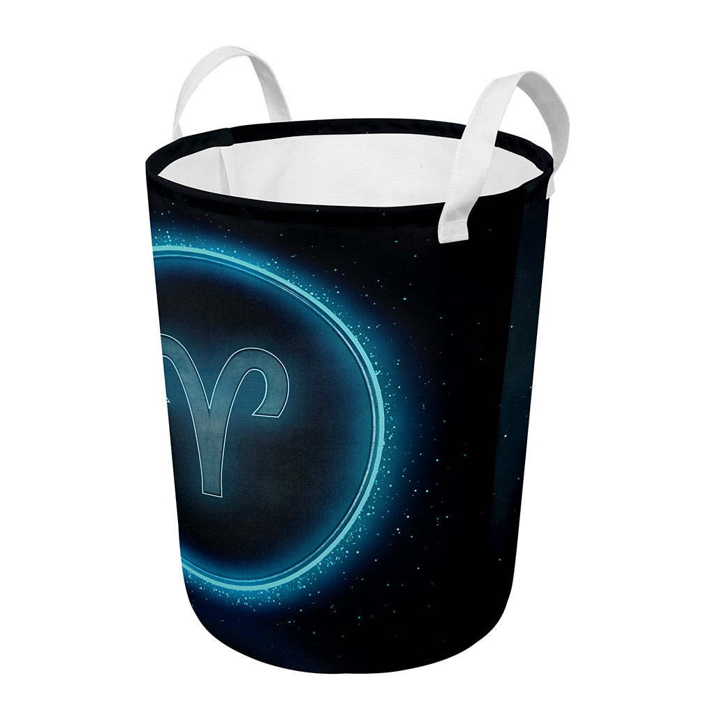 Blue Aries Zodiac Sign Print Round Laundry Basket