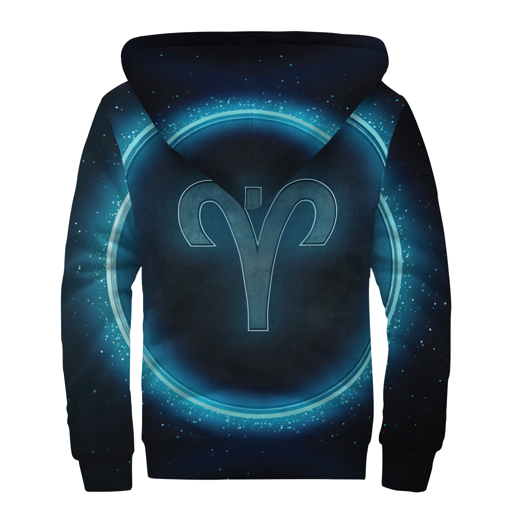Blue Aries Zodiac Sign Print Sherpa Lined Zip Up Hoodie