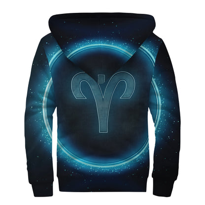 Blue Aries Zodiac Sign Print Sherpa Lined Zip Up Hoodie