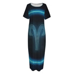 Blue Aries Zodiac Sign Print Short Sleeve Long Nightdress