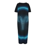 Blue Aries Zodiac Sign Print Short Sleeve Long Nightdress