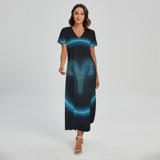 Blue Aries Zodiac Sign Print Short Sleeve Maxi Dress