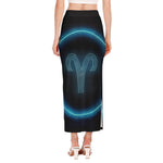 Blue Aries Zodiac Sign Print Side Slit Maxi Skirt