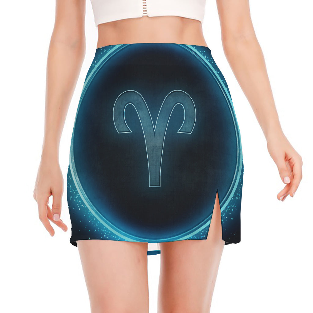 Blue Aries Zodiac Sign Print Side Slit Mini Skirt