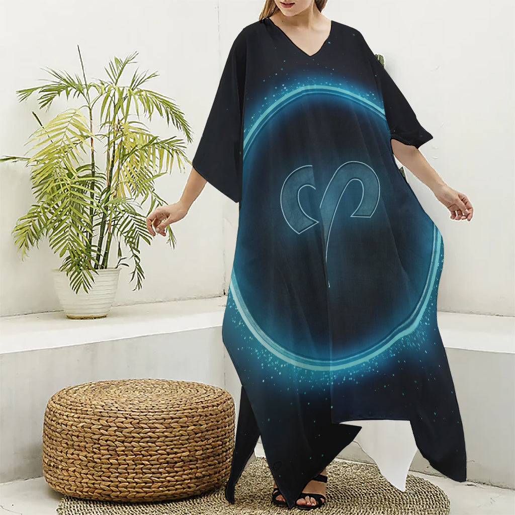 Blue Aries Zodiac Sign Print Silk V-Neck Kaftan Dress