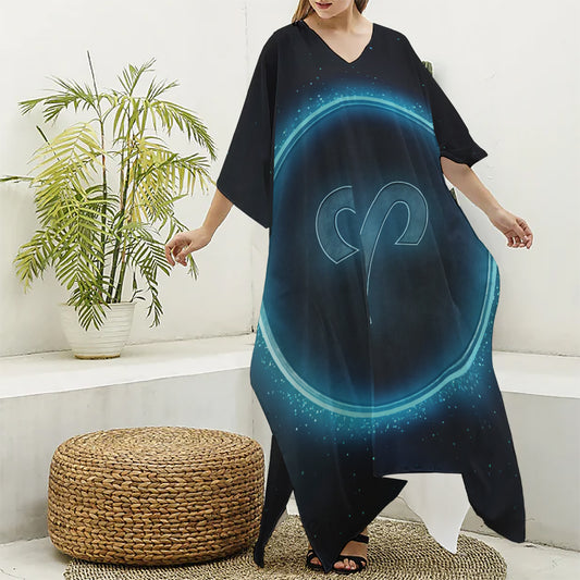 Blue Aries Zodiac Sign Print Silk V-Neck Kaftan Dress