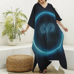 Blue Aries Zodiac Sign Print Silk V-Neck Kaftan Dress