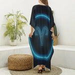 Blue Aries Zodiac Sign Print Silk V-Neck Kaftan Dress