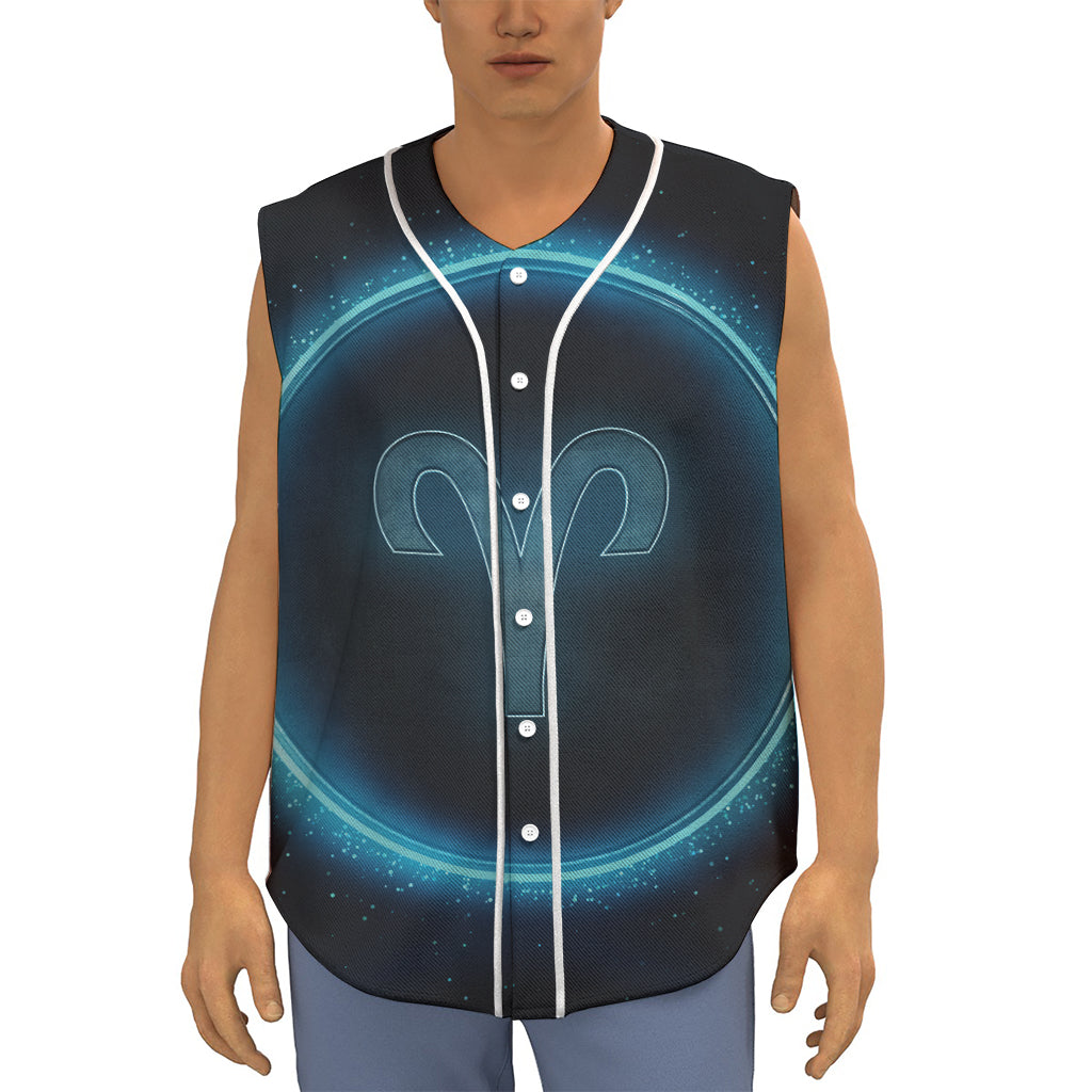 Blue Aries Zodiac Sign Print Sleeveless Baseball Jersey