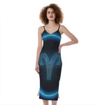 Blue Aries Zodiac Sign Print Slim Fit Midi Cami Dress