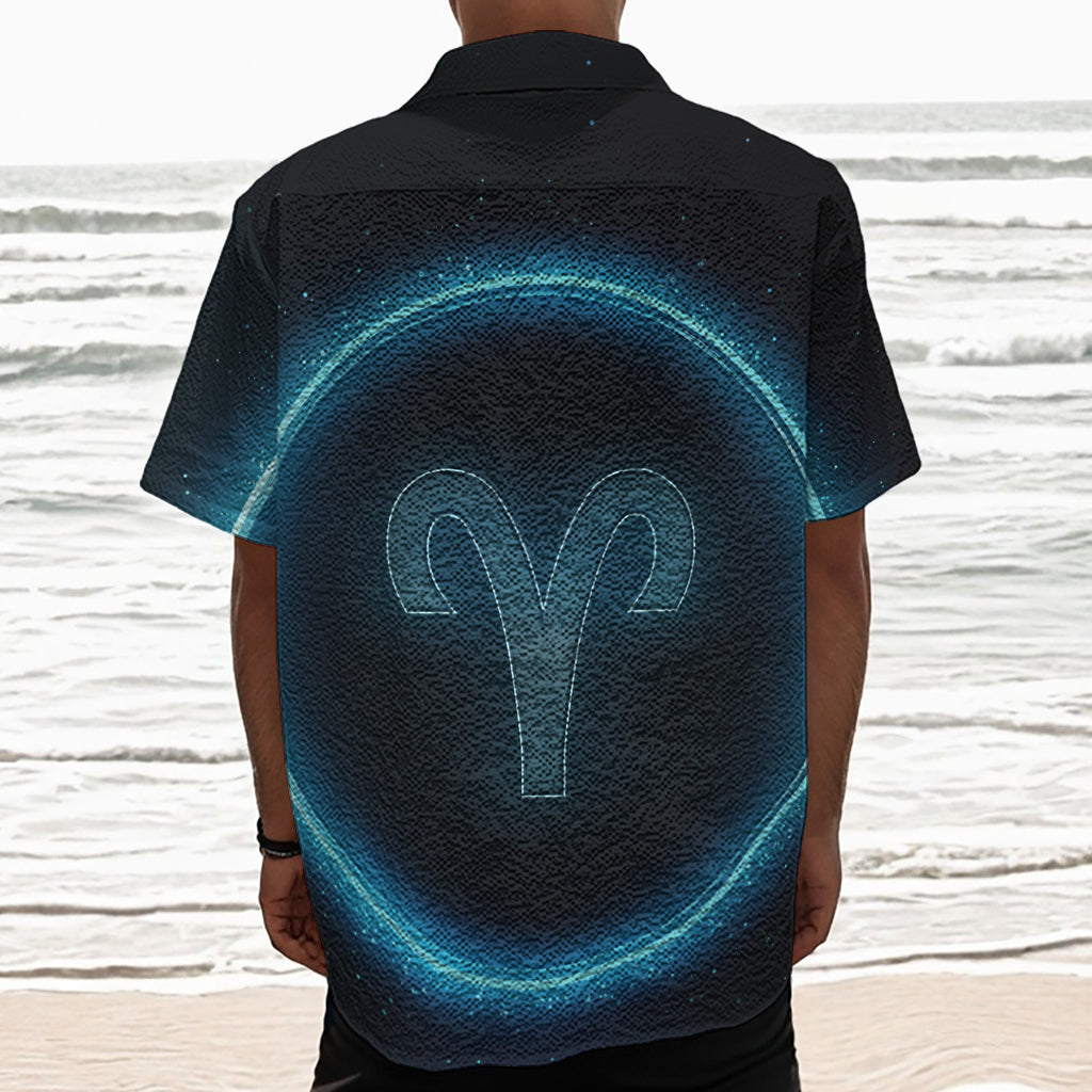 Blue Aries Zodiac Sign Print Textured Short Sleeve Shirt