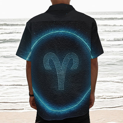 Blue Aries Zodiac Sign Print Textured Short Sleeve Shirt
