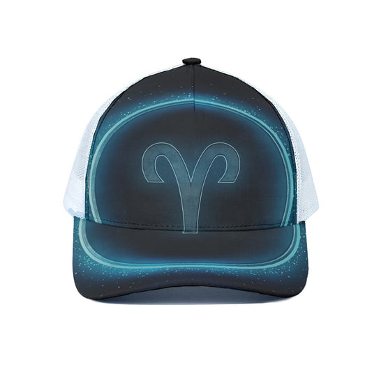 Blue Aries Zodiac Sign Print White Mesh Trucker Cap