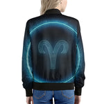 Blue Aries Zodiac Sign Print Women's Bomber Jacket