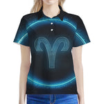 Blue Aries Zodiac Sign Print Women's Polo Shirt